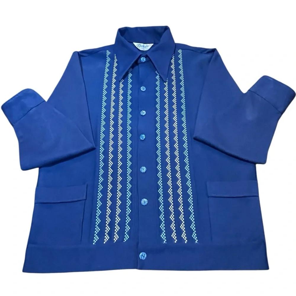 Vintage MCM Cobalt Blue Button Down‎ Shirt / Cardigan With Geo Print Strips L